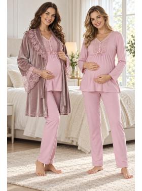 Effortt 8088P Kadife Sabahlıklı Dantelli Lohusa Pijama Takımı